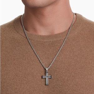 David Yurman Men’s Sterling Silver/Black Diamond Pendant Cross Necklace